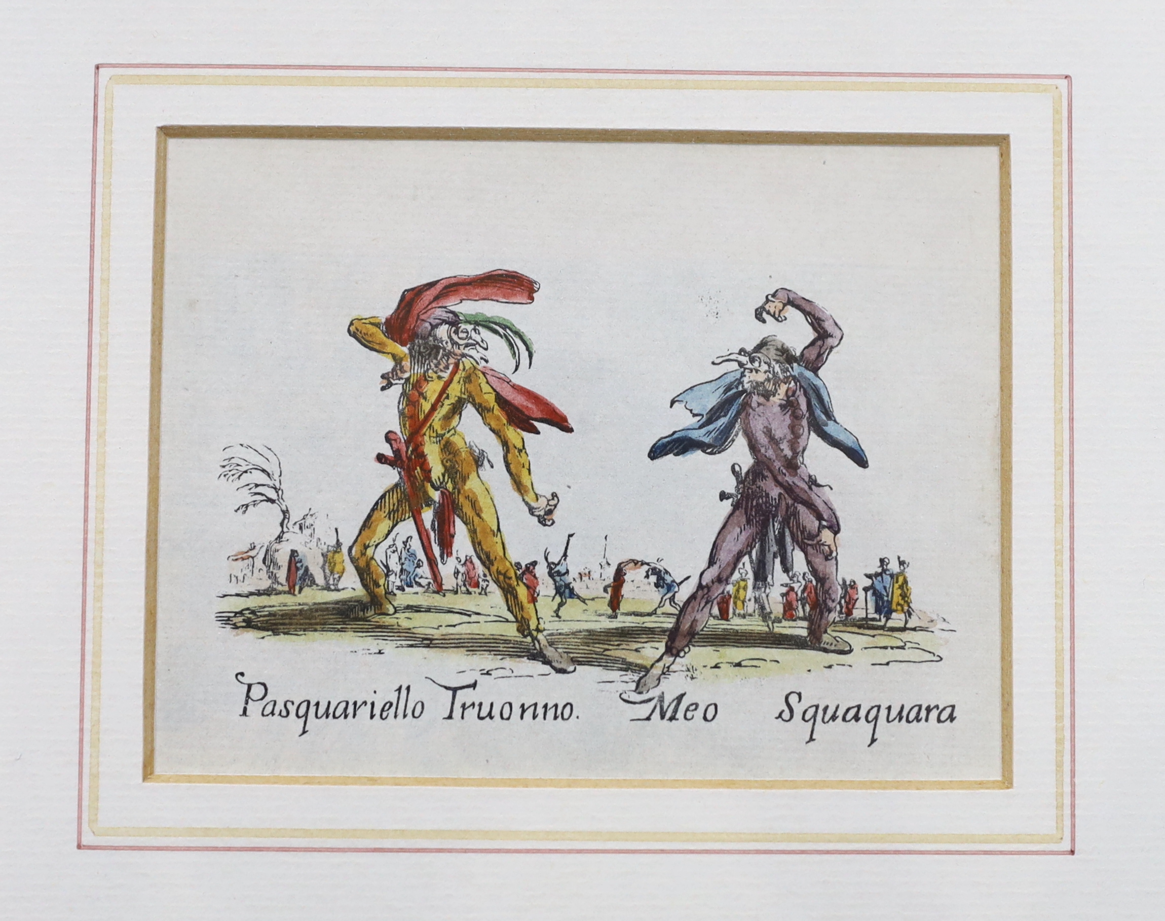 After Jaques Callot (French, 1592-1635), set of six colour prints from the series ‘Balli Di Sfessania’, 8 x 10cm